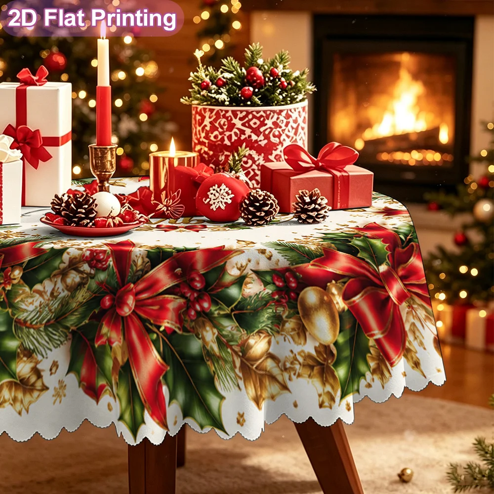 1 round Christmas tablecloth with gilt wreath - elegant style, suitable for weddings, birthdays, parties, fabric material