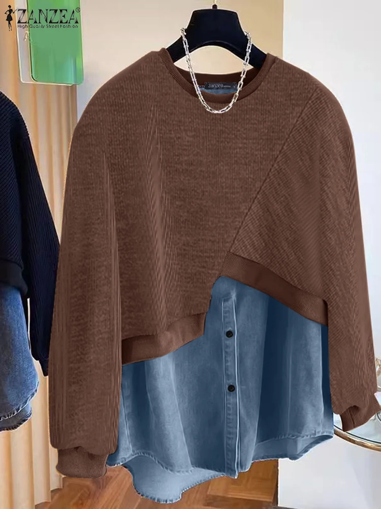 

ZANZEA Fashion Spring Sweatshirts Women Patchwork Blouse Casual Long Sleeve Hoodies Elegant Work Shirt Streetwear Tops Tunic