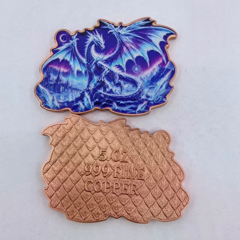 5oz Pure Copper Challenge Coin Irregular Shaped Colorful Printed Dark Angel&Ice Dragon Relief Copper Collectible Coins image 3