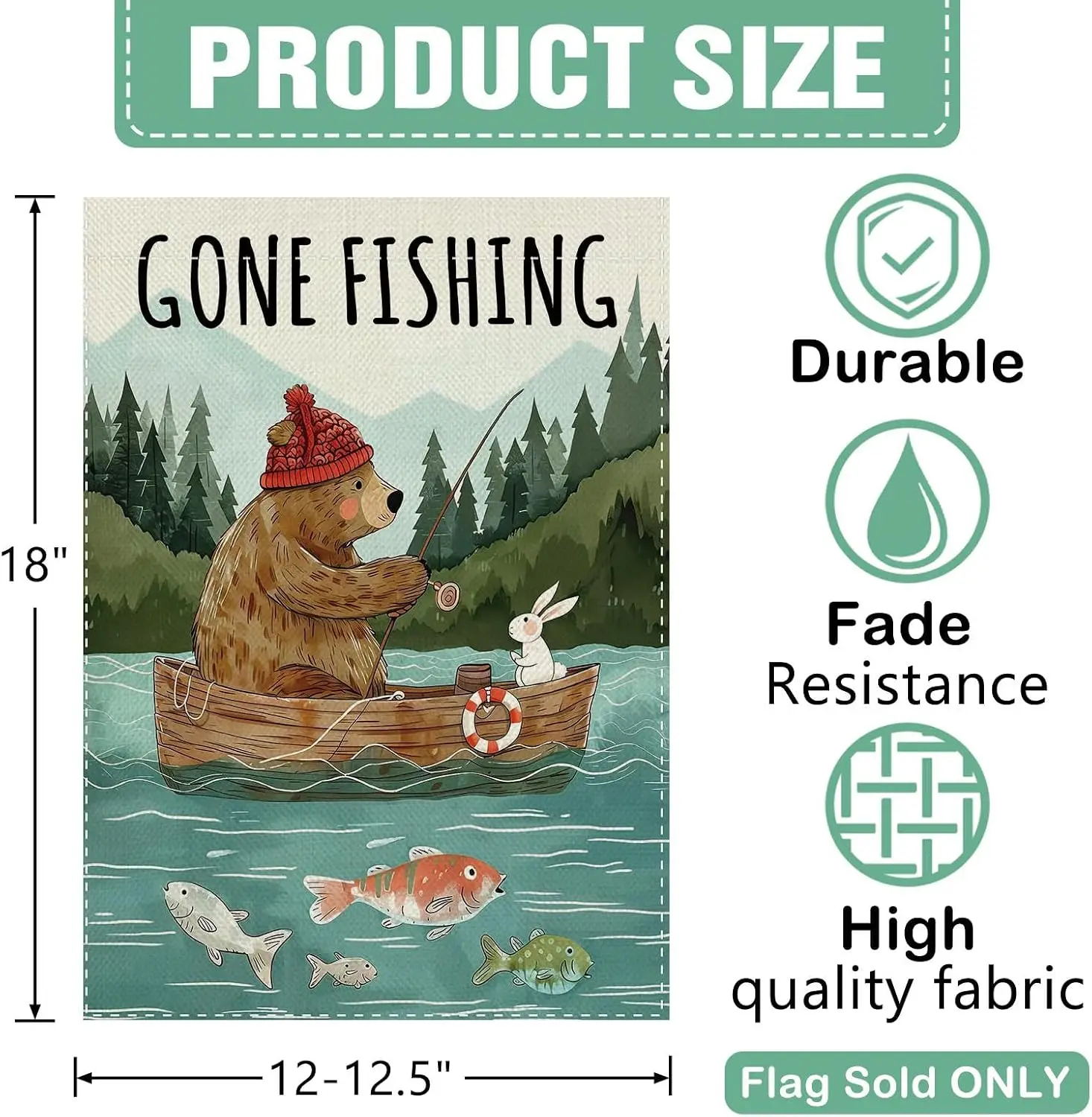 Dyrenson Gone Fishing Bear Rabbit Garden Flag, Cute Forest Animals Lake
