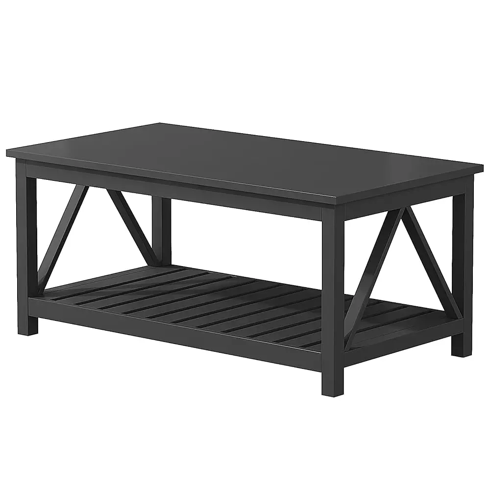 

Coffee Table, Rustic Vintage Living Room Table With Shelf, 40 Pure Black