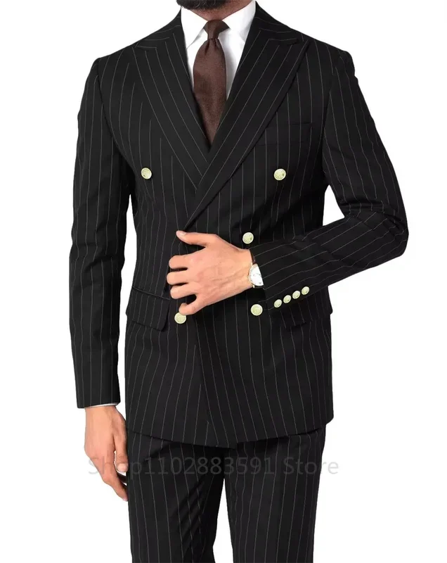 2 Pieces Elegant Men Suits Double Breasted Blazer Striped Business Social Formal Wedding Slim Fit Tailcoat Clothing