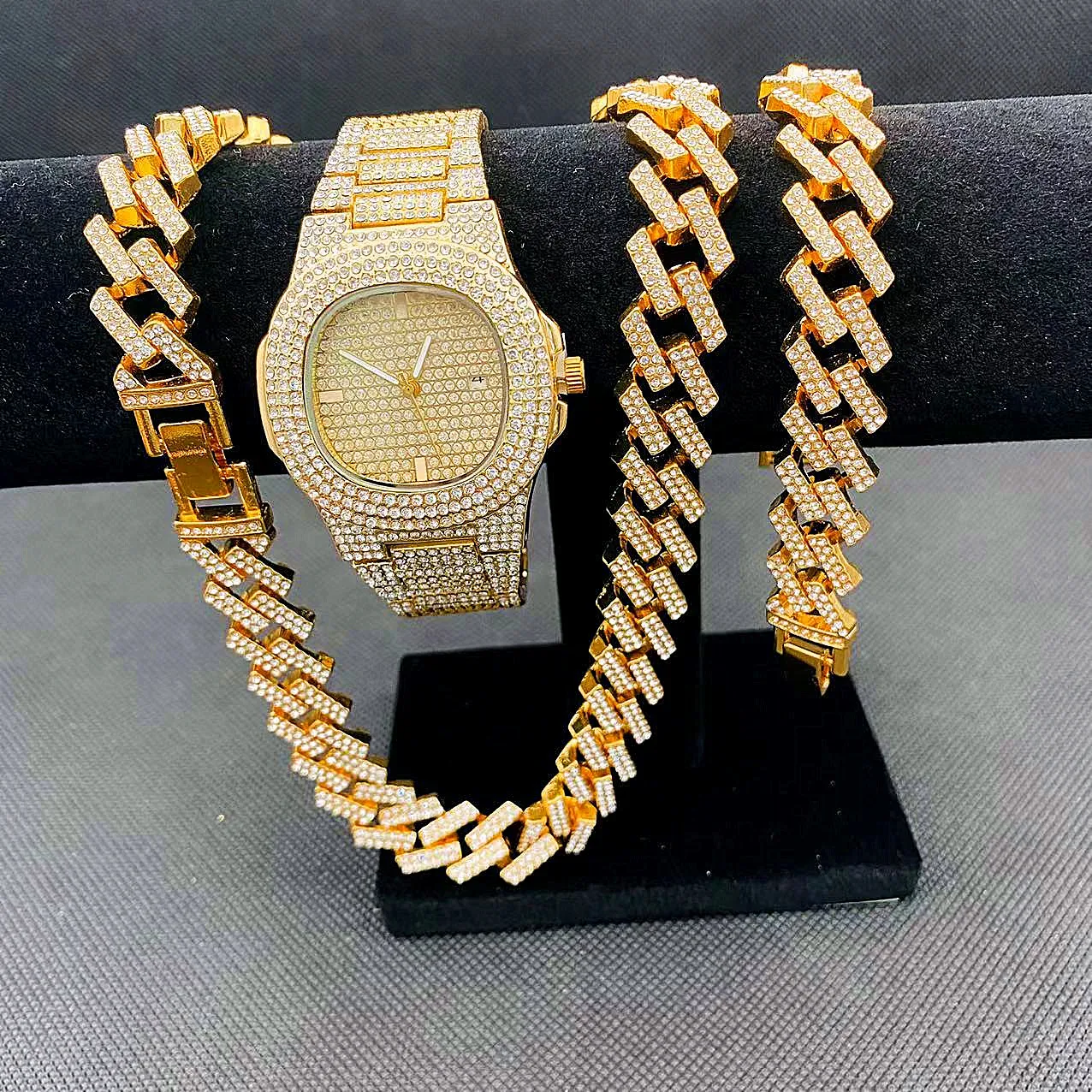 3PCS Mens Hip Hop Jewelry Set Iced Out Watch Necklaces Bracelet Miama Cuban Link Chain Choker Women Couple Boys Gold Gifts Goth