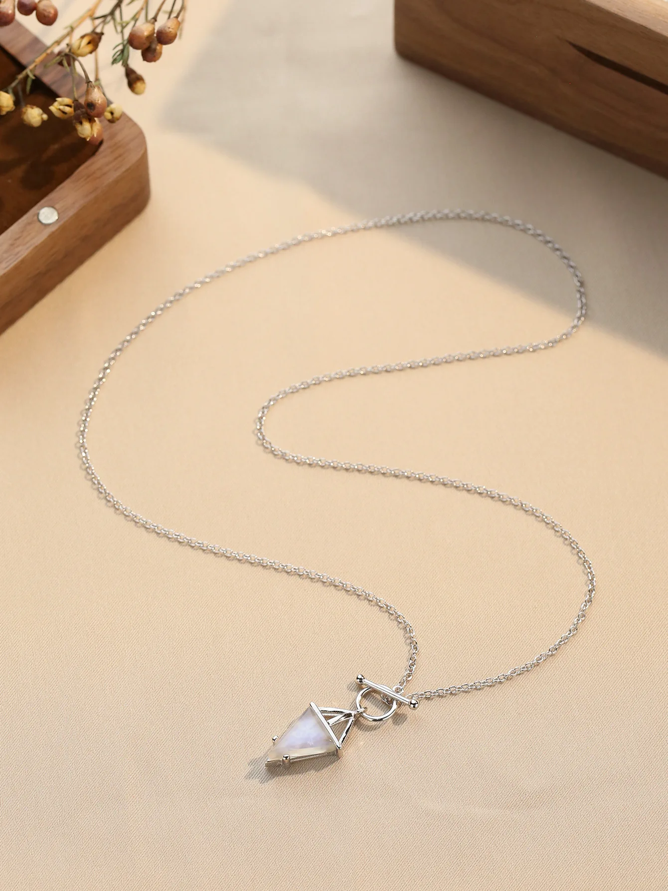 Necklace Made of Pure 925 Silver and Moon Stone with Triangle-shape Pendant for Cool Style,3 Color Options