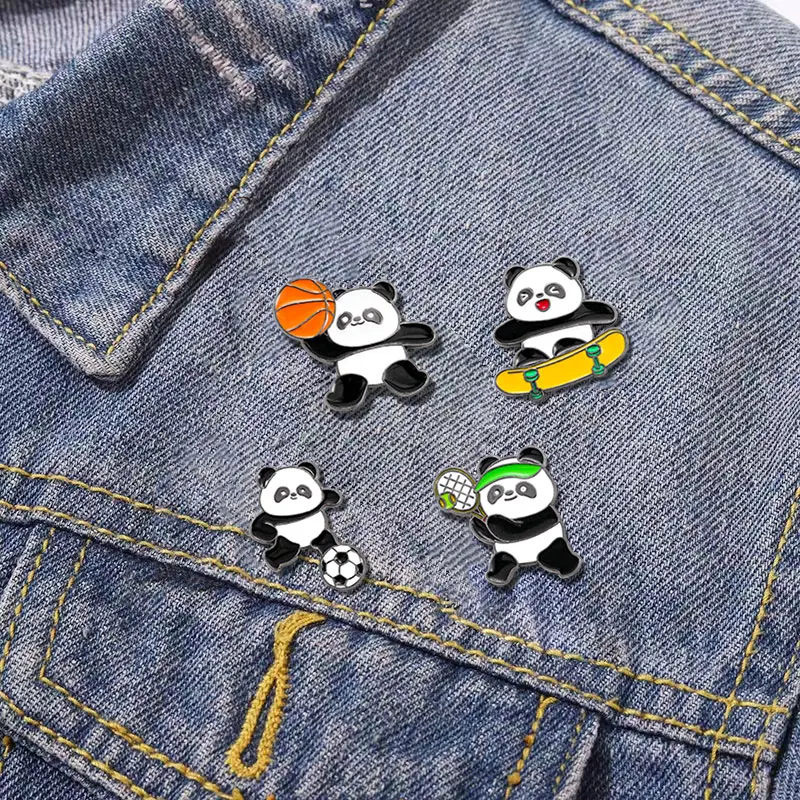 Cute Sports Panda Collection Enamel Brooches Playing Basketball Football Tennis Swimming Diving Weightlifting Pins