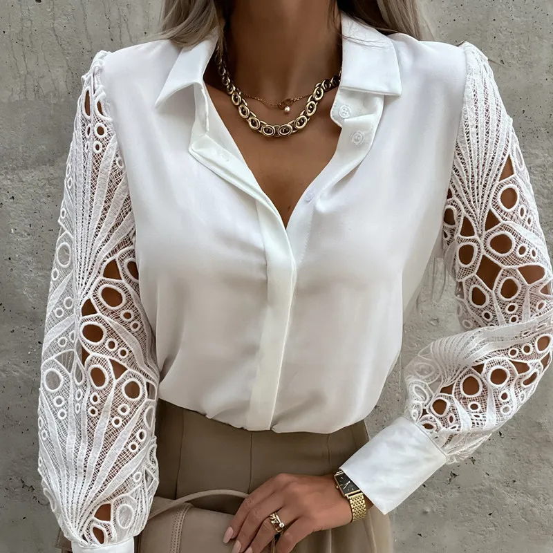 Biała koronka Patchwork Top Camisa Mujer wiosna lato Casual koszule z długim rękawem dla kobiet 2022 bluzki z wycięciami w stylu Vintage