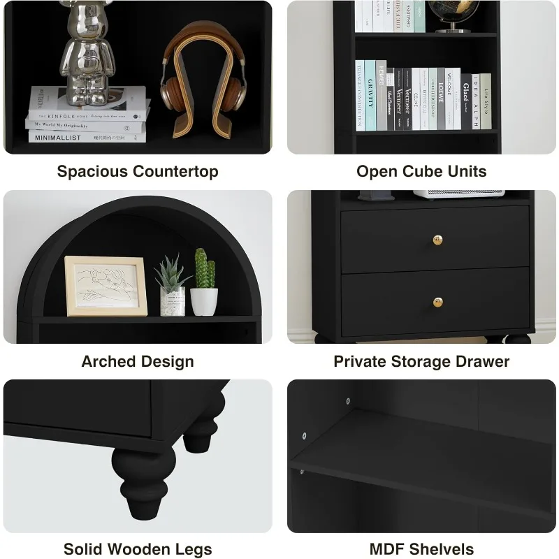 75.59" Tall Bookcase, 4 Tier Arched Bookshelf with 2 Drawers, Modern Book Display Storage Cabinet for Living Room,(Black)