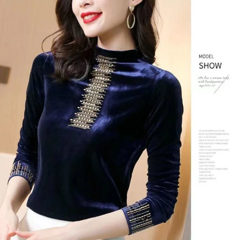 

Office Lady T Shirt Tops Spring Autumn Long Sleeve O-neck Solid Golden Velvet All-match Pullovers Vintage Fashion Women Clothing