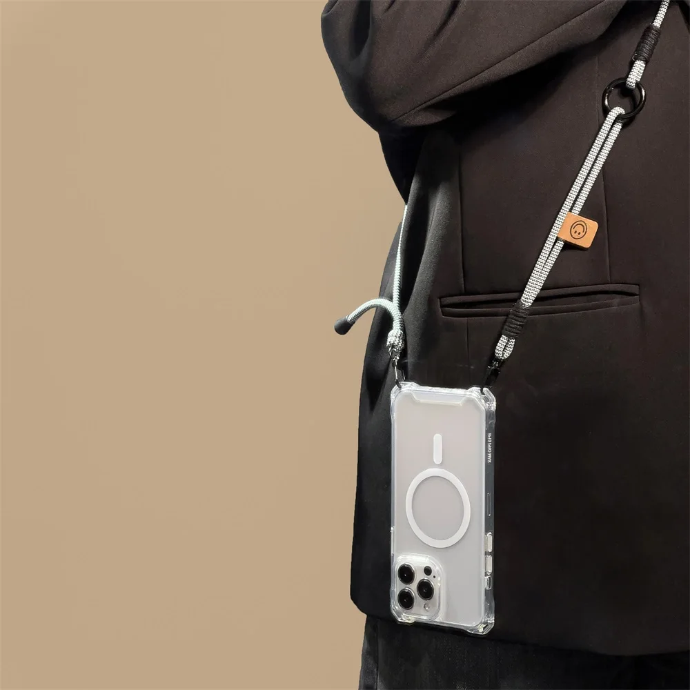 Weben Crossbody Lanyard Fall für iPhone 15 12 13 14 16 Pro Max 11, magnetische drahtlose Aufladung, langer Schultergurt, klare Abdeckung