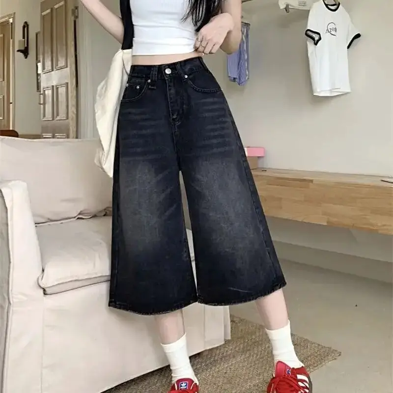 American Cropped Denim Shorts Women Spring Summer New Retro High Waist Washing Pants Loose And Versatile Casual Wide Leg Pants