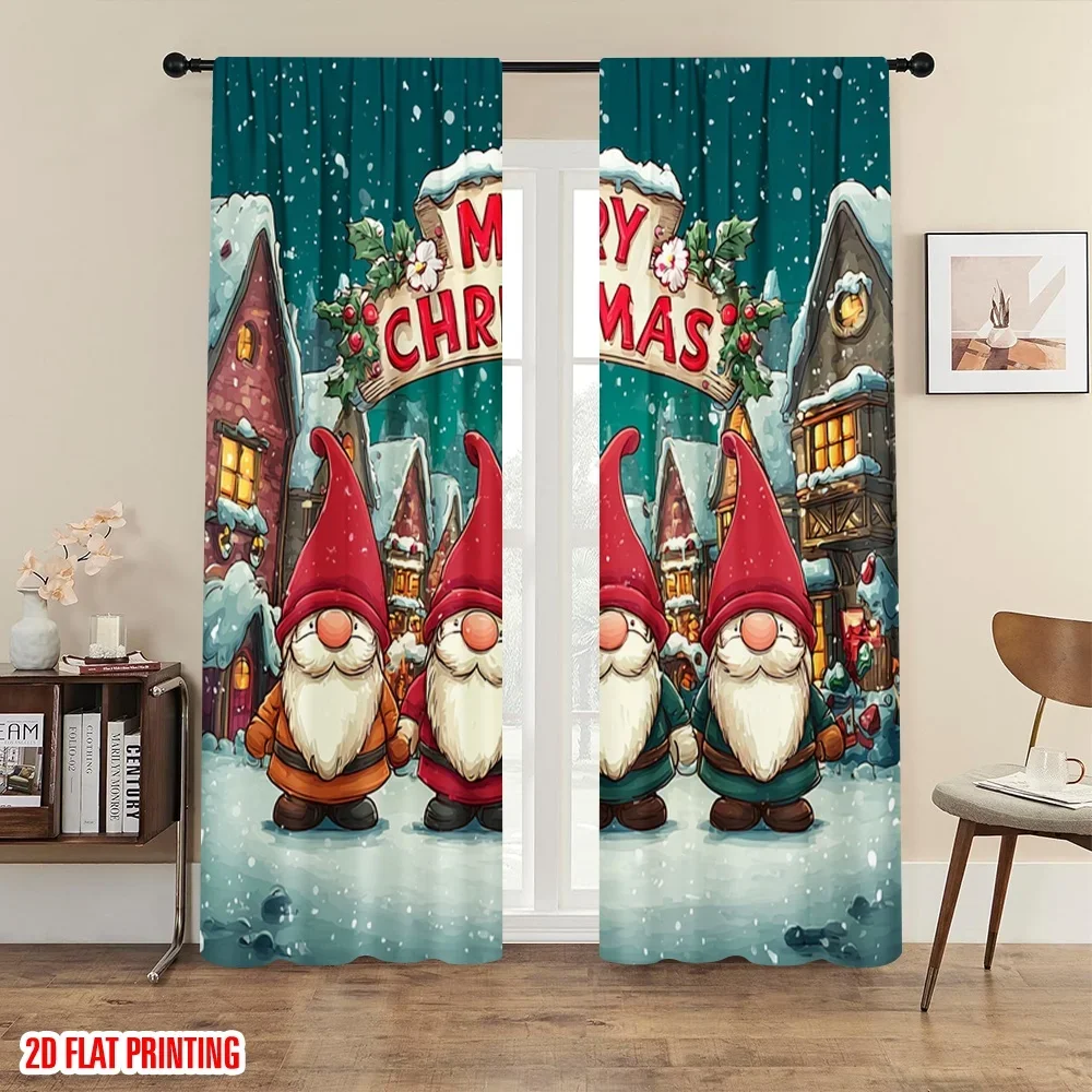 

2pc,2D plane printing Pattern Curtains Merry Christmas Fantasy Midget Christmas Versatile Polyester Fabric (without rod)