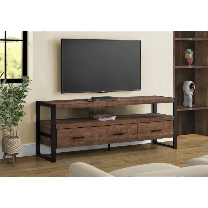 

60" TV Stand Console, Media Entertainment Center with Storage Drawers for Living Room & Bedroom, Brown Laminate & Black Metal,