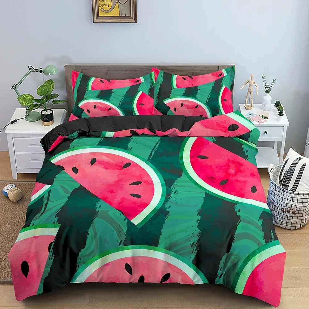 Summer Sweet Fruit Print Duvet Cover Full, Twin King Size Kawaii Watermelon Pineapple Comforter Cover Cartoon Style Bedding Set