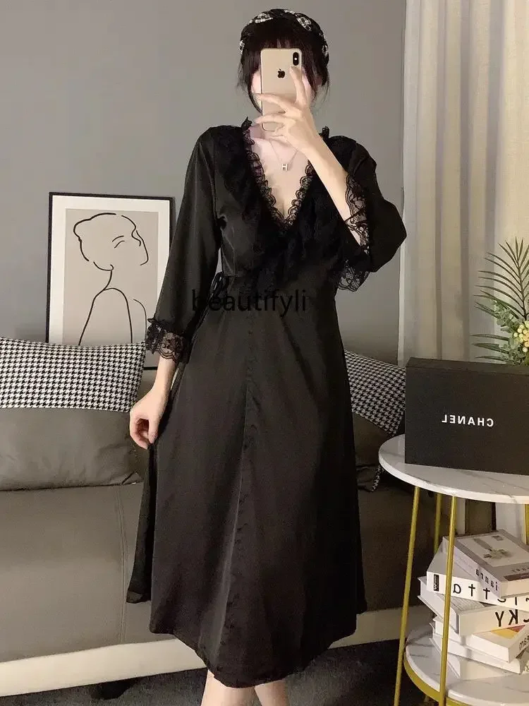 

Sexy Pure Style Lace Ice Silk Pajamas for Women plus Size 150.00kg High Sense Nightgown Nightdress