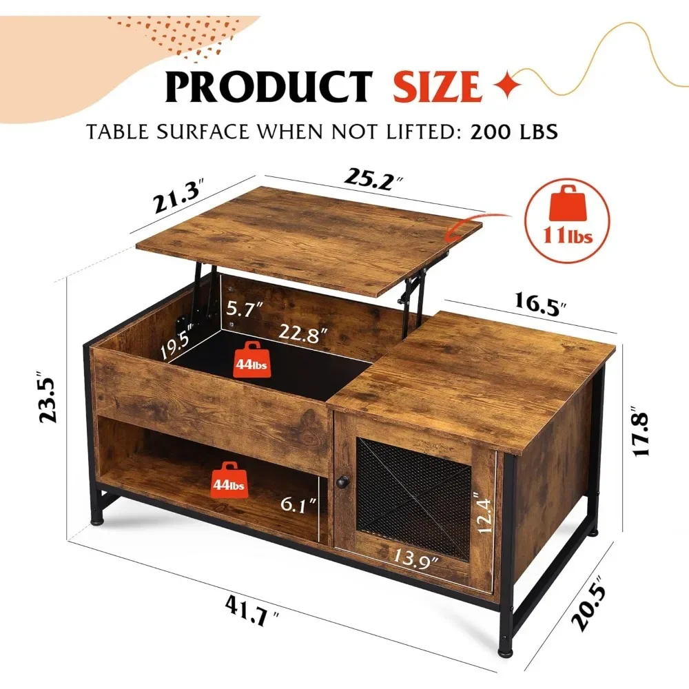 Mesa de centro elevatória de 41,7" com compartimento oculto e armário de armazenamento, mesa central de madeira para sala de estar