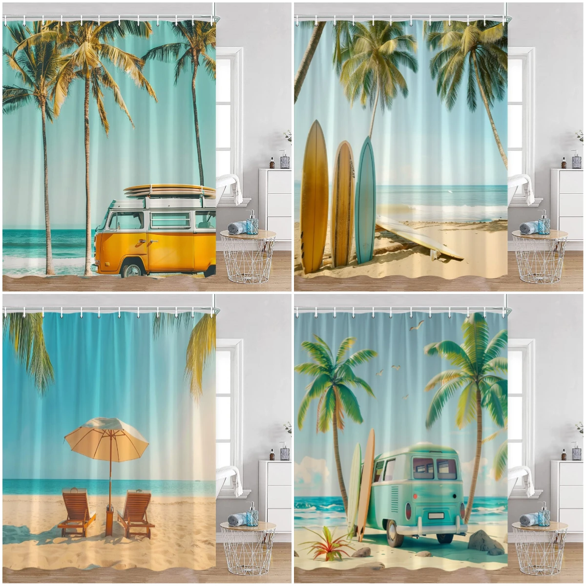 Camping Surf Dusch vorhänge Sommerferien Reisende RV Strand Kokospalmen Meer Badezimmer Dekorationen Retro Bad Curtrains
