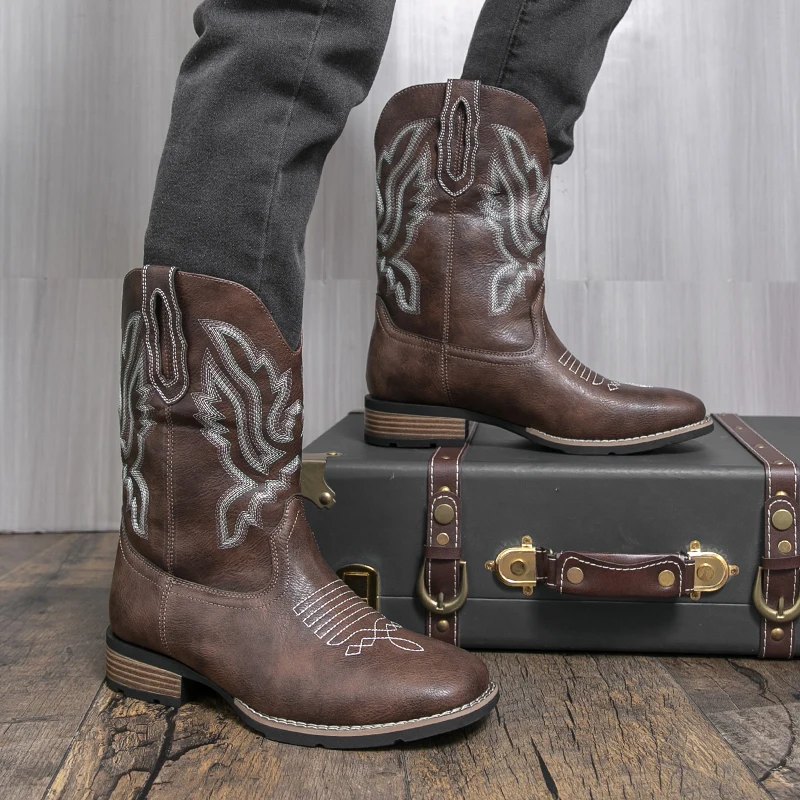 

Quality Men'S Denim Boots Embroidered Western Denim Boots Pointed Small Leg Men'S Boots Anti Slip Men'S Riding Soled Boots