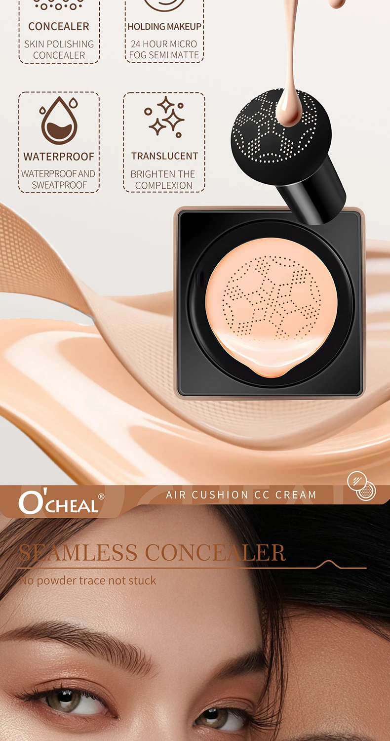 O'CHEAL Mushroom Cushion CC Cream Gesichts-Make-up Luftige Abdeckung Langanhaltend Feuchtigkeitsspendend Wasserfest Ölkontrolle Concealer BB Cream – Detail 3