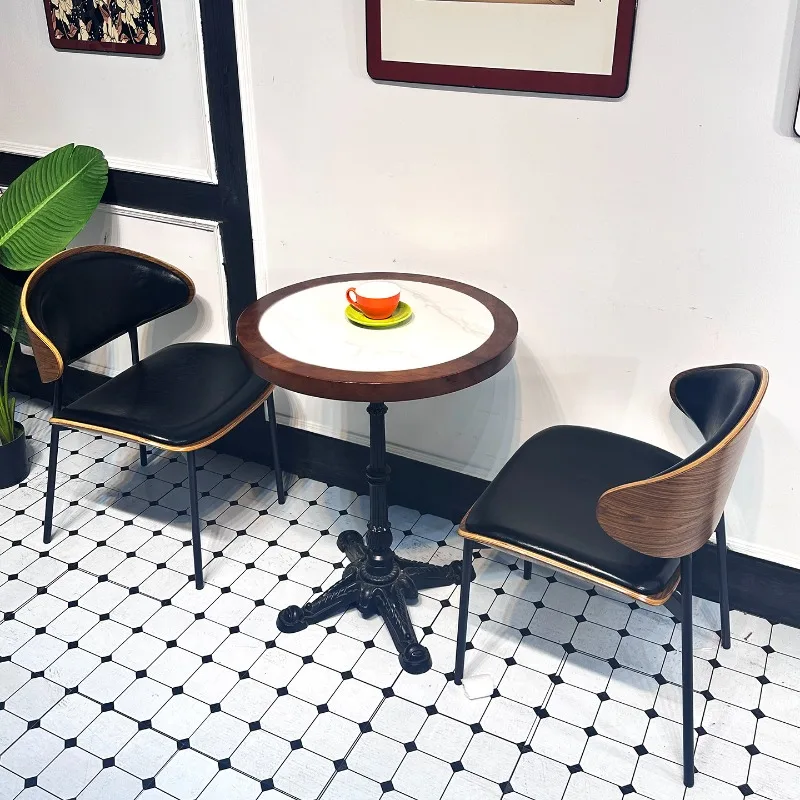 Retro Leather Coffee Shop and Restaurant Dining Table and Chair Set Commercial Hotel Furniture