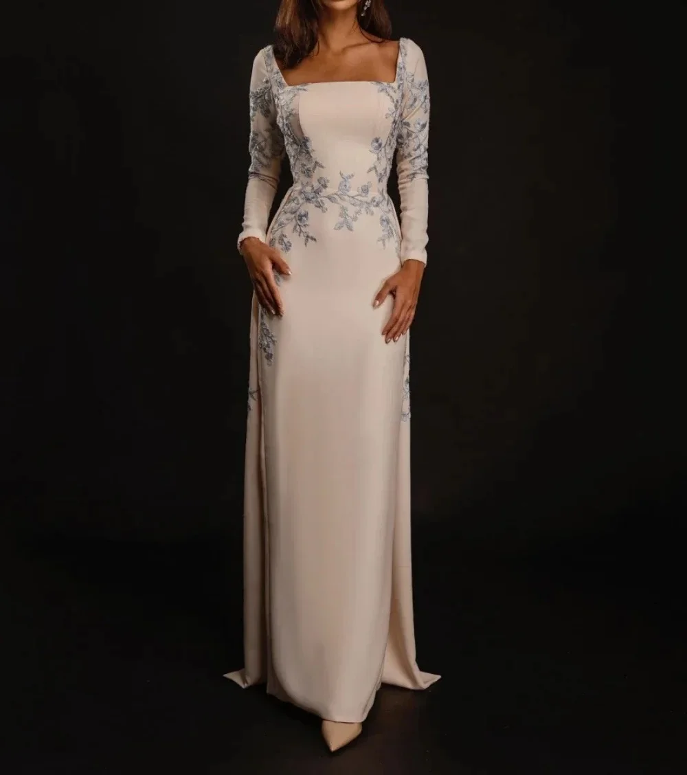 

Elegant long satin embroidered dress A-line square collar straight to the ground evening dress formal party dance dress