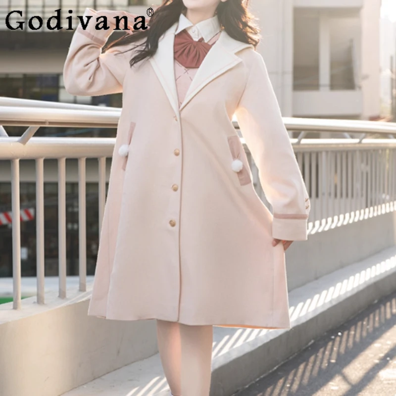 

Female Autumn Winter Sailor Collar College Jk Uniform Woolen Coat Fashion Versatile Age Reduction Cute Medium Long Sweet Coats