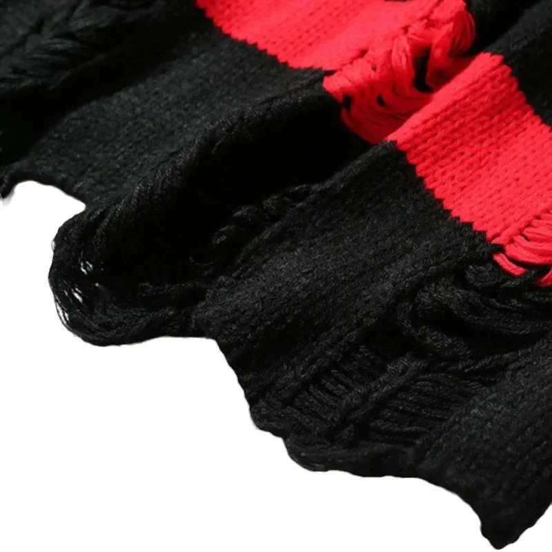 Men Pullovers Sweaters Striped Hole Tops Knitted Round Neck Full Sleeve Splice Simple Top Knit Casual Loose Autumn Winter 2024