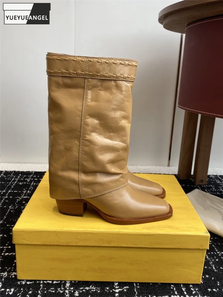 

Winter Women Versatile Cowhide Genuine Leather Square Toe Boots Comfortable High Top Ankle Boot Fashion Elegant Female Handmade