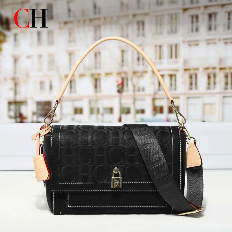 

CH Women Vintage Flap Shoulder Bag 2 Straps Design PU Leather Handbag Lock Decor Detachable Wide Strap Crossbody Bag