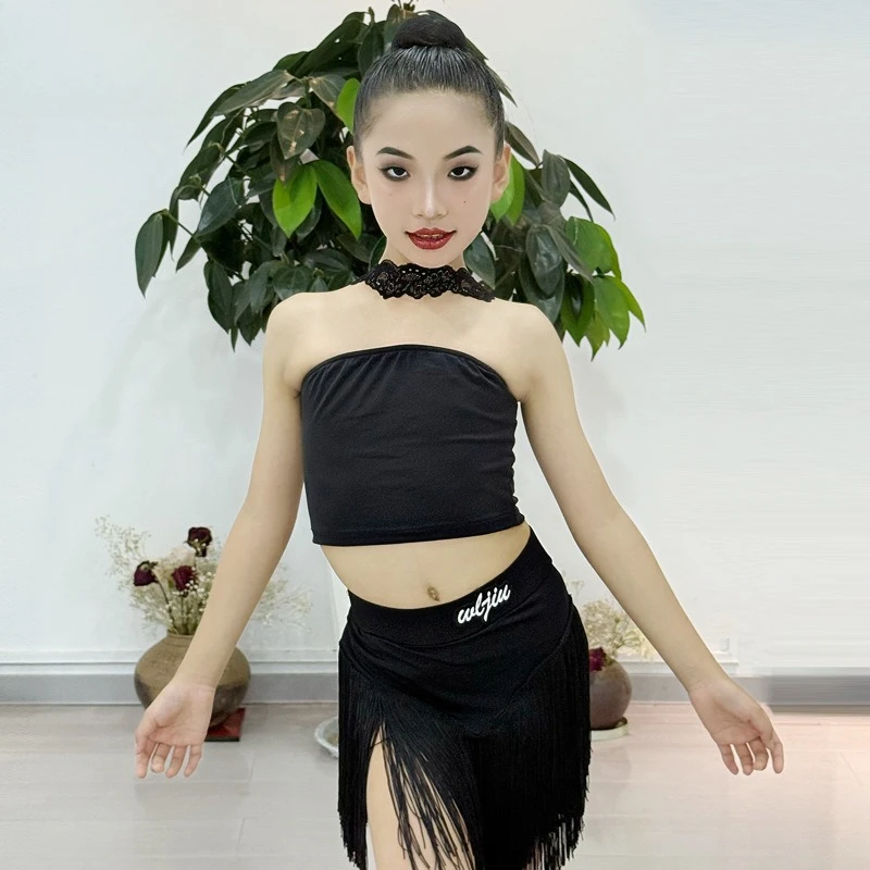 라틴 댄스 의상 소녀용 신상 넥 튜브 탑 프린지 스커트 어린이 라틴 댄스 연습 공연복 여름용