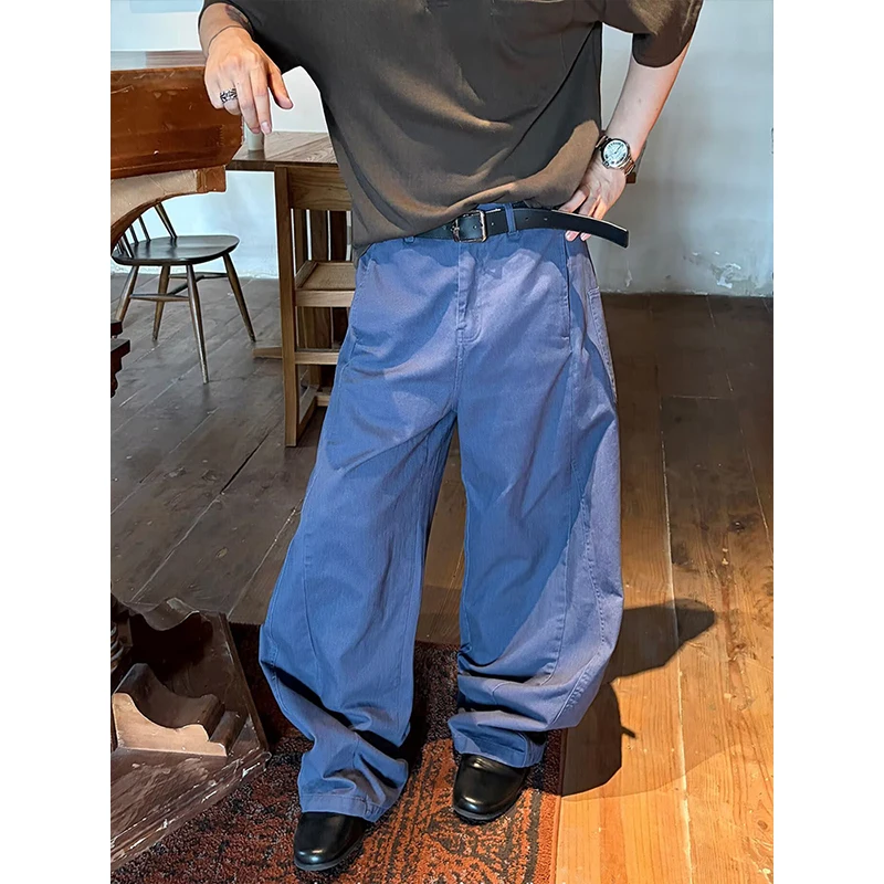 American Vibe Retro Destroyed Design Washed Blue Jeans Men Straight Loose Wide Leg Long Trousers Casual Wear