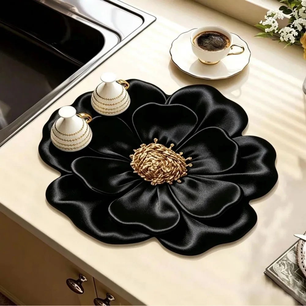 3D Flower Design Kitchen Drying Mat Satin Like Surface Water Absorbent Dish Draining Mat Colorful Oil Resistant