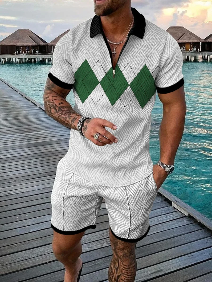 Vintage Patchwork Striped Polo Set 3D Print Polo shirt 2pcs Set Zipper Sets Collar+Shorts Hawaii Holiday Style Man Clothes