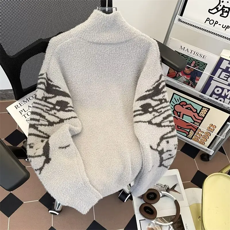 Y2k Harajuku Zipper Cardigan Man Women Vintage Butterfly Turtleneck 2024 American Mink Fur Soft and Lazy Style Sweater Jacket