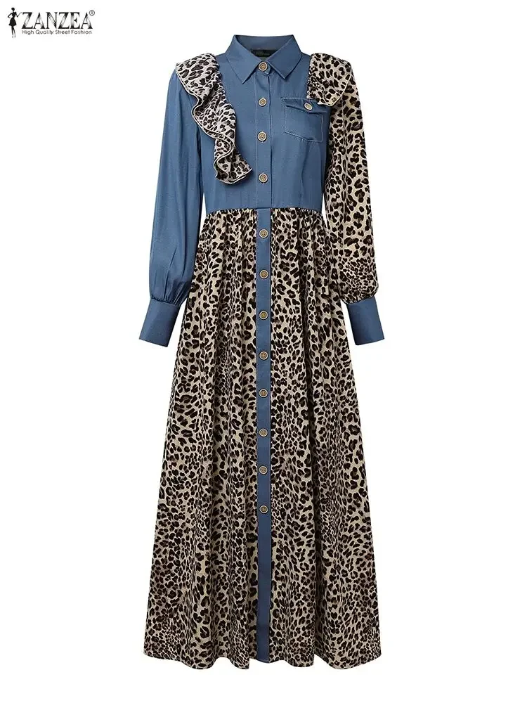 ZANZEA 패션 여성 데님 롱 셔츠 드레스 긴 소매 레오파드 프린트 맥시 드레스 2025 패치워크 파티 우아한 러플드 로브