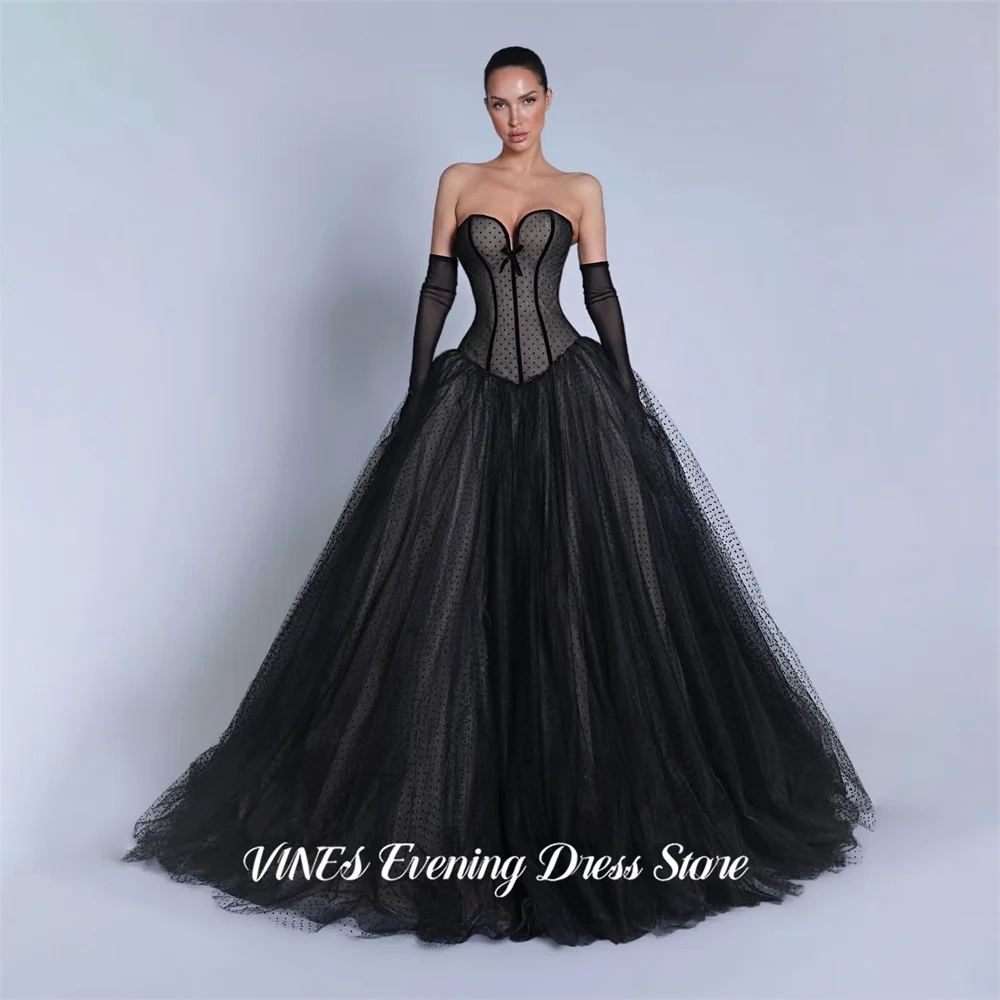 

VINES Black A Line Evening Dresses Sweetheart Formal Gown Polka Dot Tulle Night Dresses Lace Up Back Prom Dresses Customized