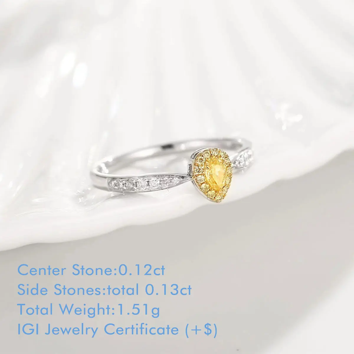 18K White Gold Yellow Diamond Halo Ring Pear Cut Natural Yellow Diamond Pavé Set Tapered Shank Colored Diamond Ring For Wife