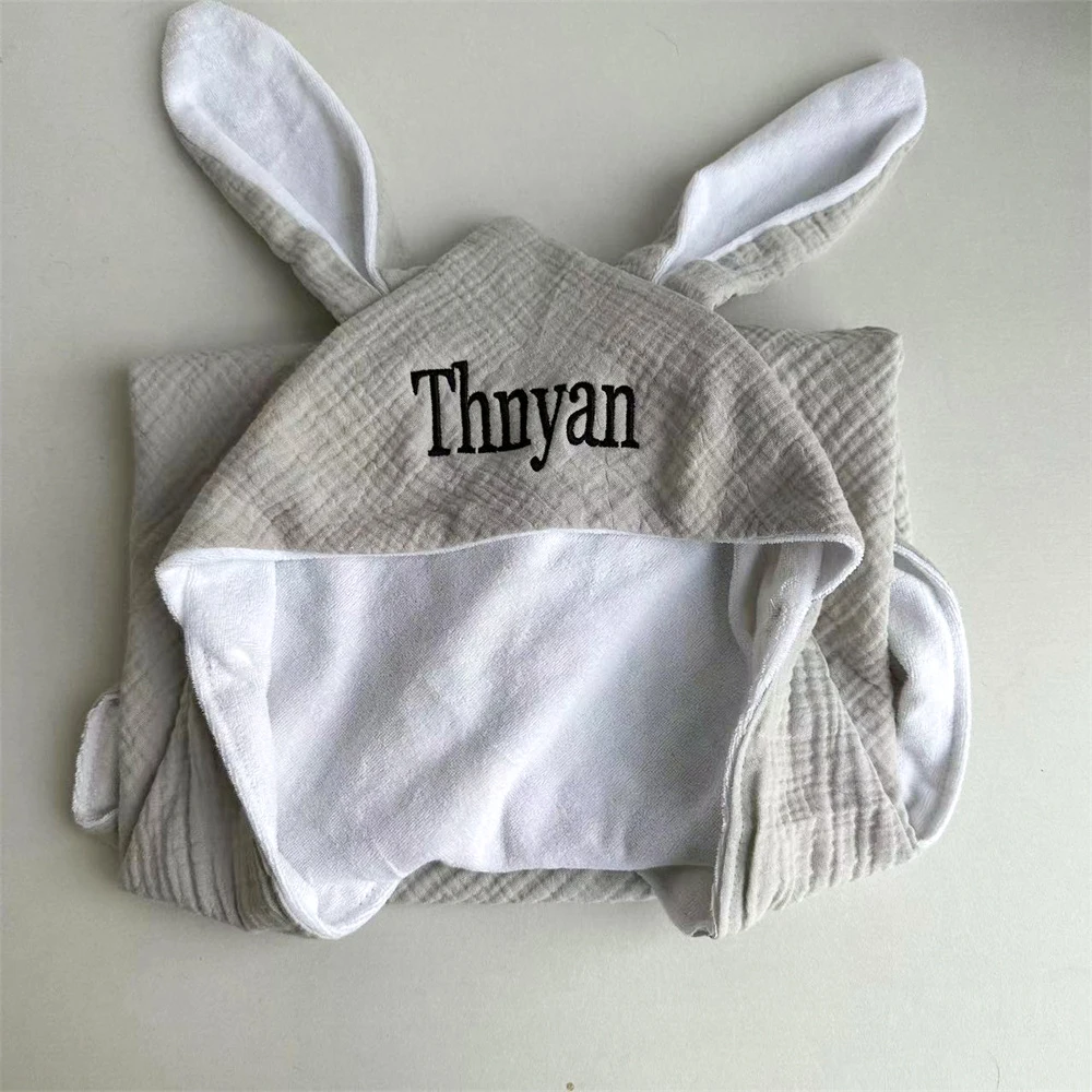 Embroidered INS Baby Bath Towel Belonging To Your Name, Pure Cotton Double Layer Tulle Baby Cape, Rabbit Ear Scarf Bag