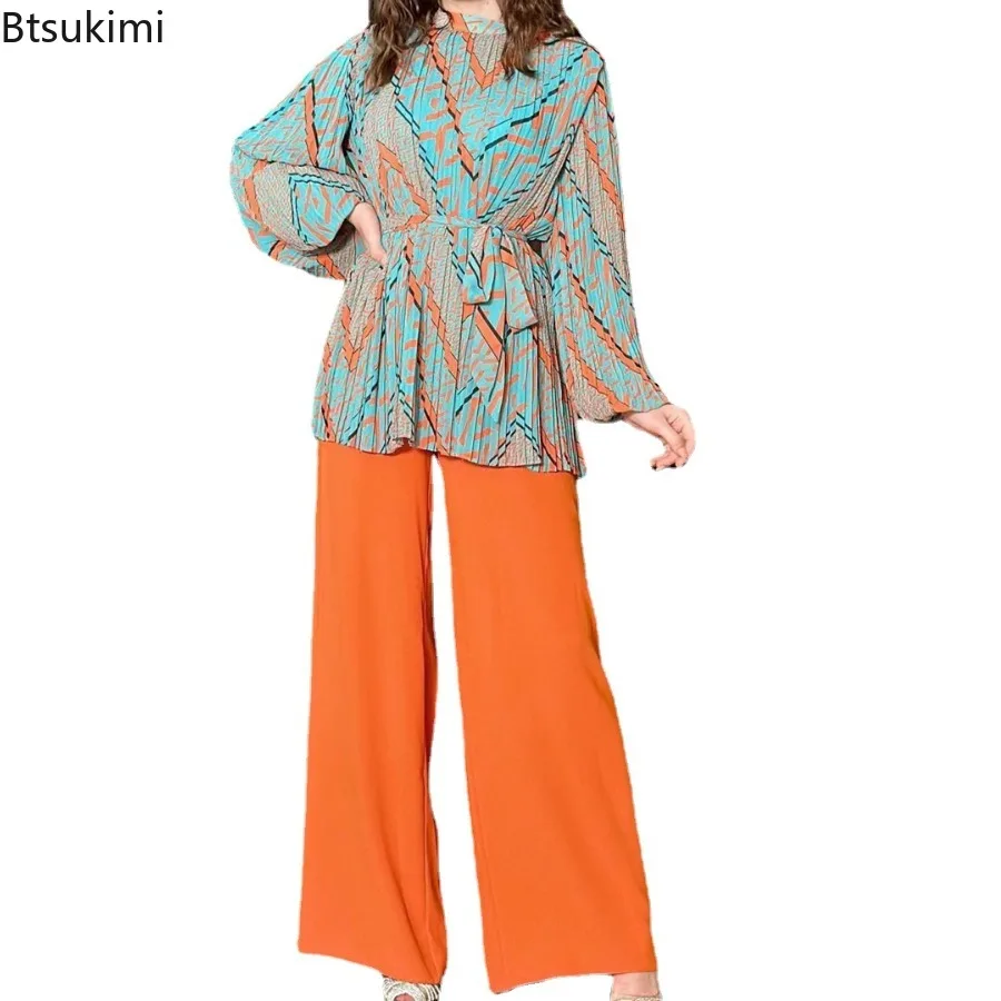 2024 Women's Loose Print Lace-up Shirt with High Waist Wide Leg Pants Two-pieces Office Ladies Temperamen Casual Suit Streetwear