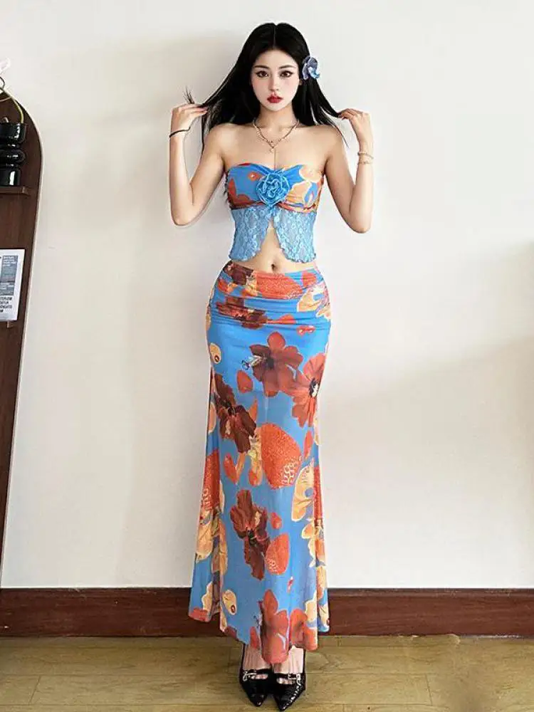 

Summer Women Beach Two Piece Sets Blue Print Patchwork Lace Sexy Strapless Tops And High Waist Pleated Wrap Hip Long Skirts Boho