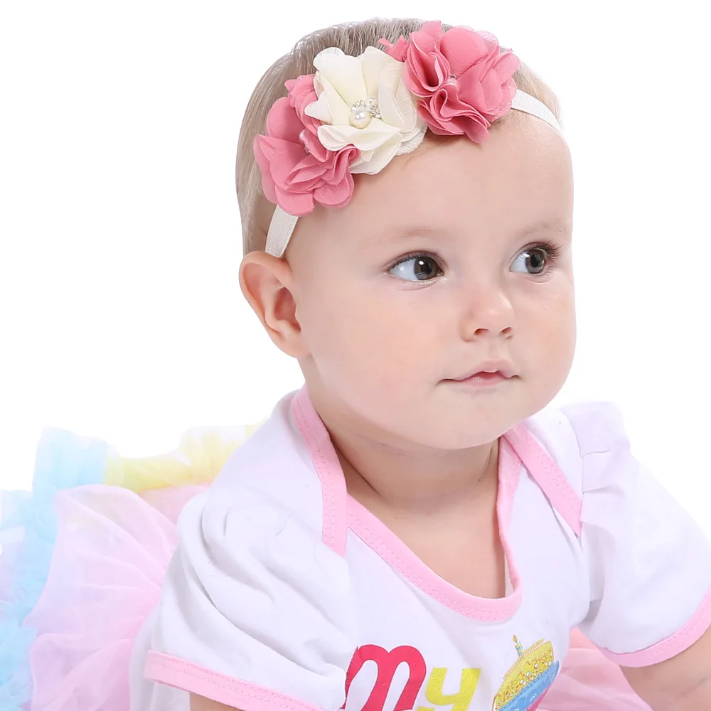 3 Pearl Handmade Flowers Headband for Baby Girls Hair Accessories Newborn Flower Headbands Mixed Color Chiffon Flower Turban