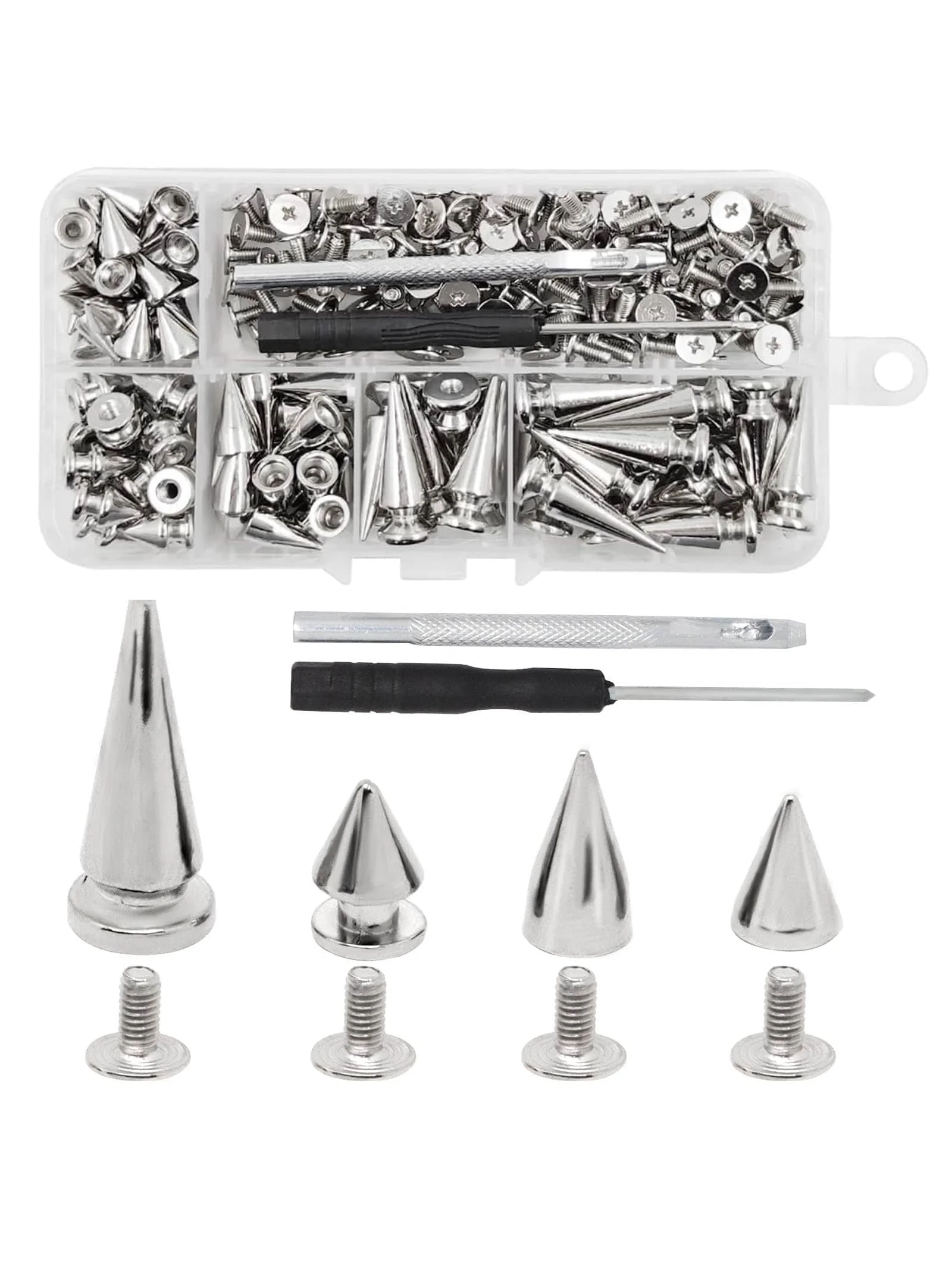 

100Pcs Mixed Size Spikes and Studs, Cone Spikes Studs Metal Studs Rivets Screwback Studs for DIY Leathercraft Clothing Shoes