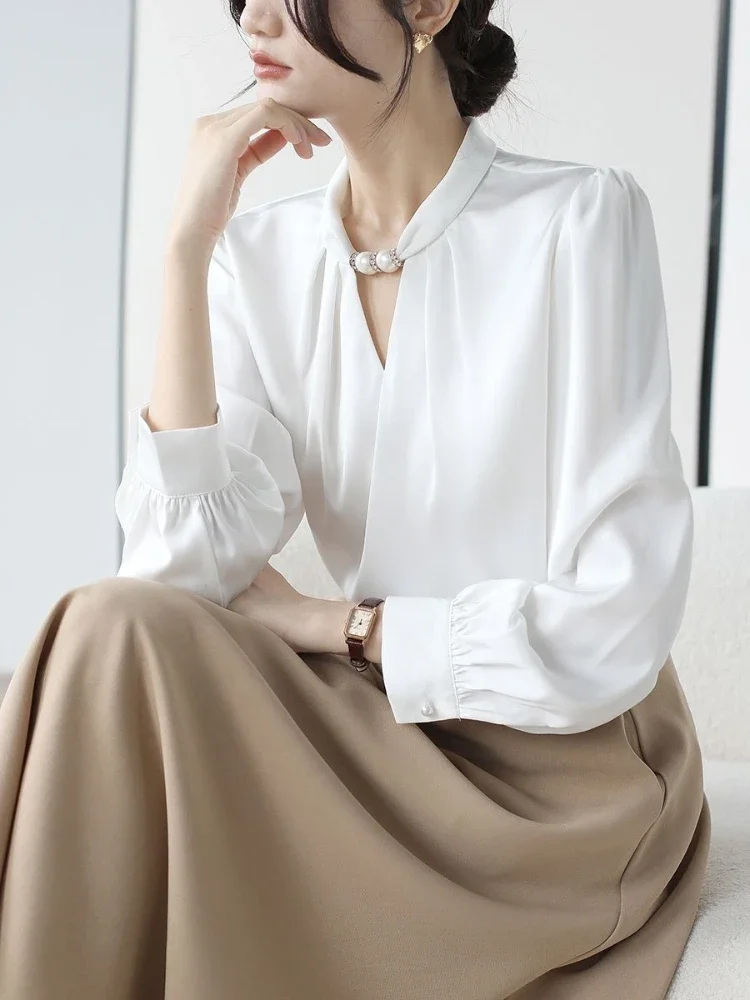 Women\'s Elegant Blouse Satin White Stand Collar Beaded Shirts Pullover Korean Fashion Temperament Office Lady Women Shirts New