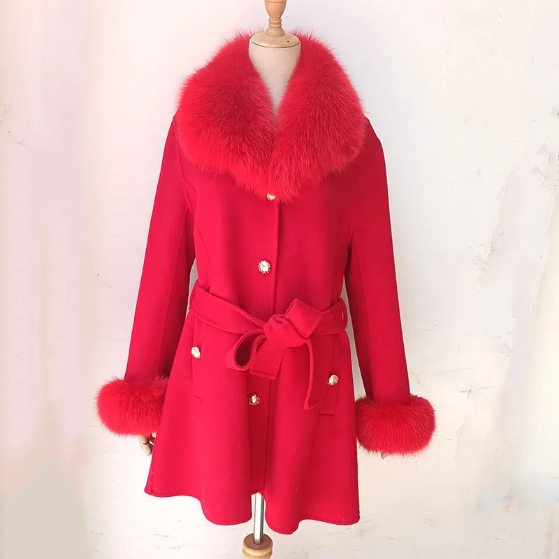 2023 Winter Real Fox Fur Coat Women Wool Jacket With Natural Fox Fur Collar Slim Female Woolen Cashmere Outwear