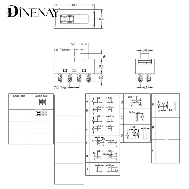 2Pcs DSE-2310 Pointed Pins 8 Feet 3 Files 10A250V Toggle Switch Black Slide Switch Hair Dryer Switch Module