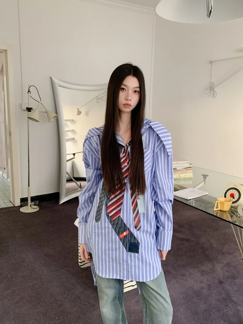 2025 Primavera Donna Coreano Preppy Felpe con cappuccio Camicia a righe Manica lunga 2000s Camicette estetiche Top Design Oversize Coquette Gyaru Ne