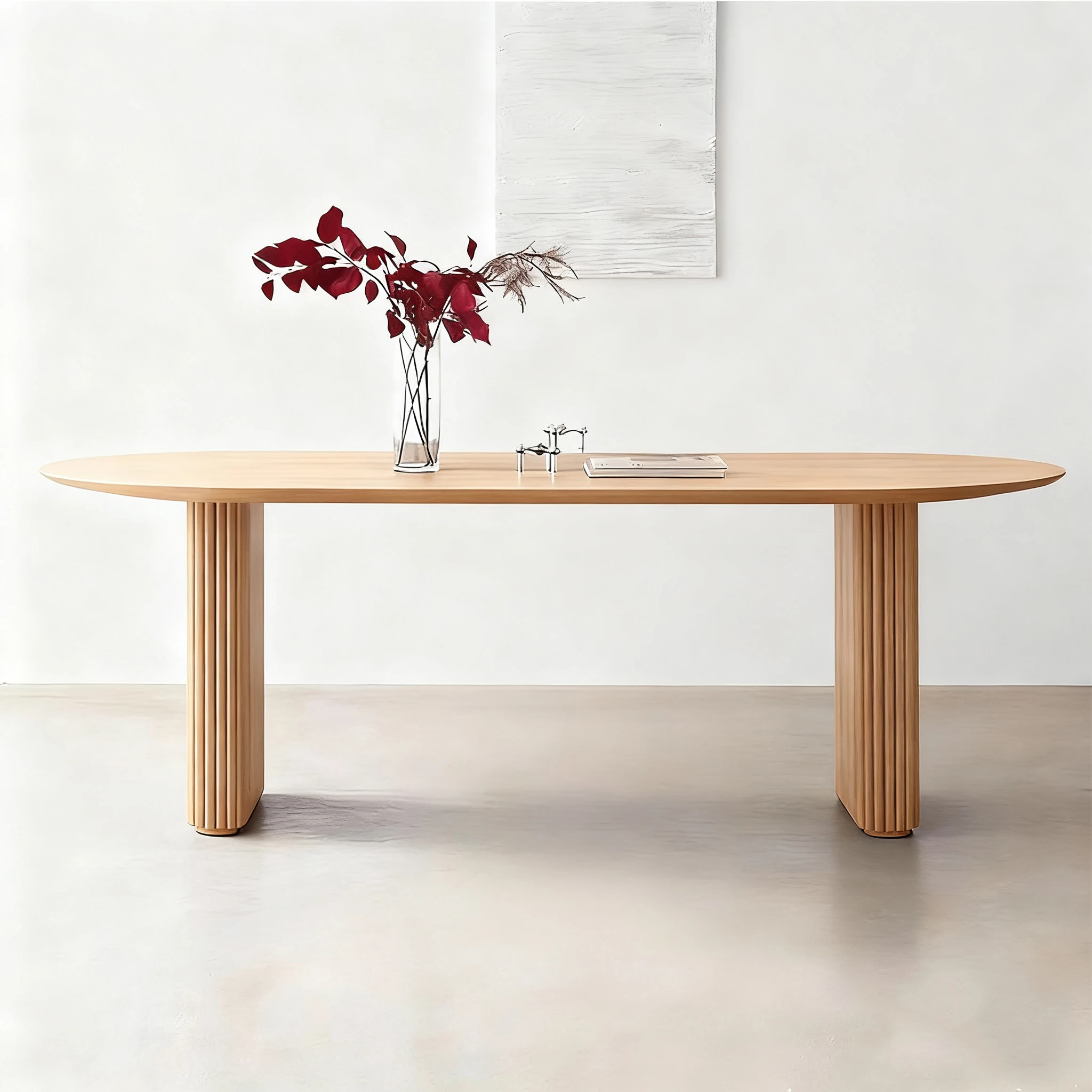 #MDF dining table with grooved legs, CE certified lightweight wood grain finish oval for European homes