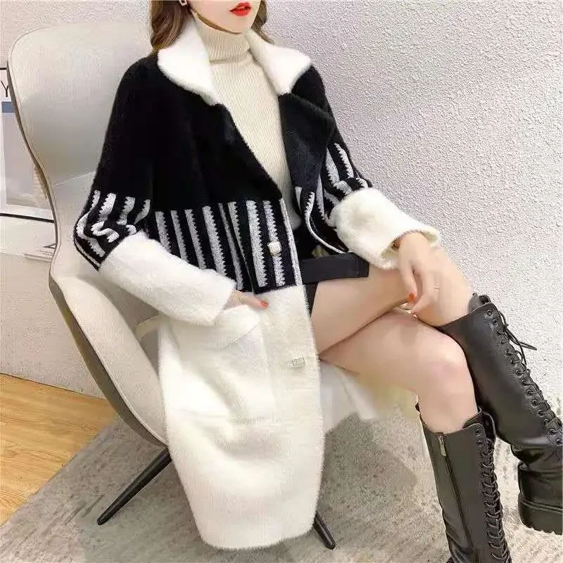 

Women Cardigan Mid Length Coats Turn Down Collar Full Sleeve Open Stitch Elegant Splice Thick Warm Casual Coat Autumn Winter