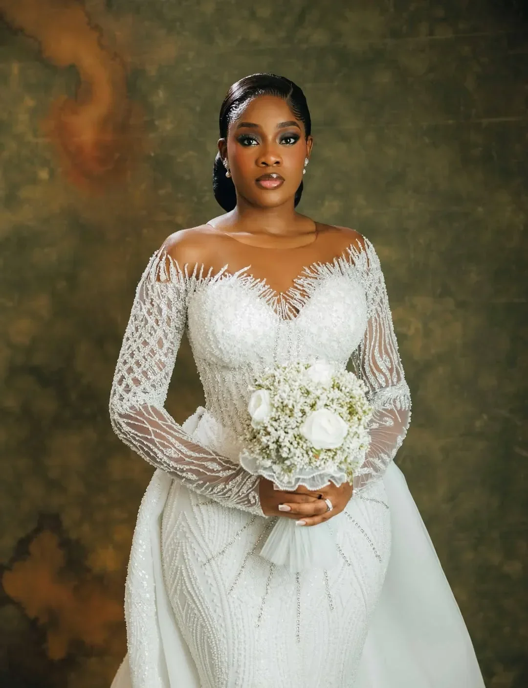 Customized Sheer Neck Long Sleeves Heavy Beads Crystals Wedding Dress For Bride Robe De Mariée  Detachable Train  Bridal Gown