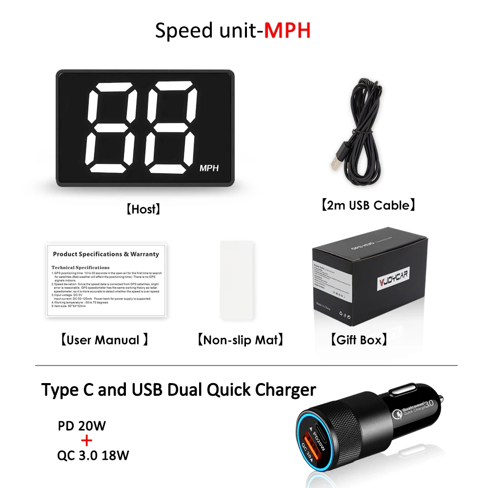 Vjoycar Nieuwste GPS-snelheidsmeter voor alle auto's Plug and Play Groot lettertype Klein formaat Volledig scherm 2-kleuren auto-elektronica-accessoires