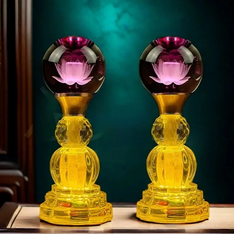 2pcs Buddha Hall LED Colorful Lotus Lamp Chinese Fortune Eternal Flame Offering Lamps Glass Lotus Lamp Buddha Hall Decoration
